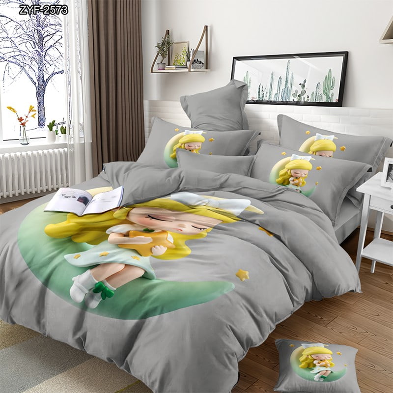 7D Digital Printed Bed Sheet Set With Dreamy Sleeping Girl On Crescent Moon Theme