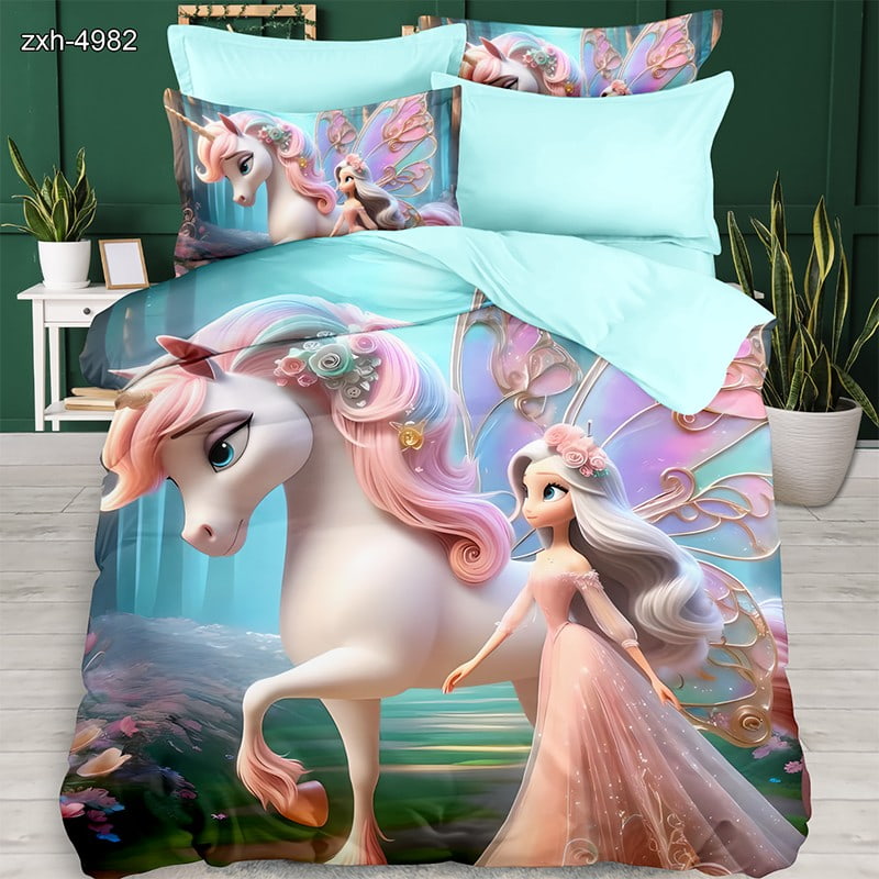7D Digital Printed Bed Sheet Set With Fairy Tale Unicorn And Fairy Theme