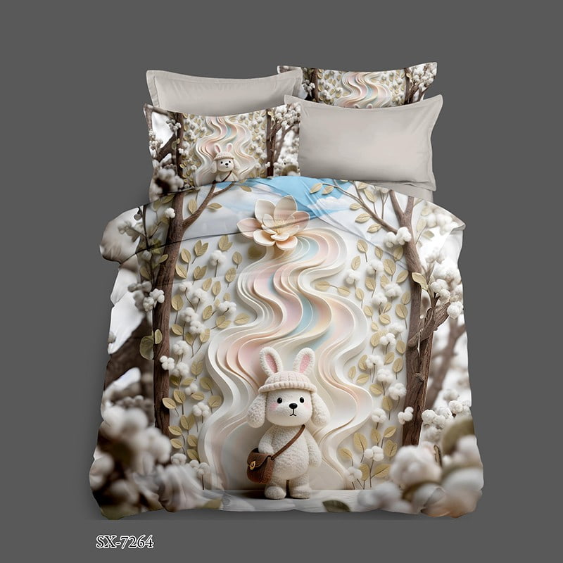 7D Digital Printed Bed Sheet Set with a Cute Plush Bunny in a Dreamy Cotton Field