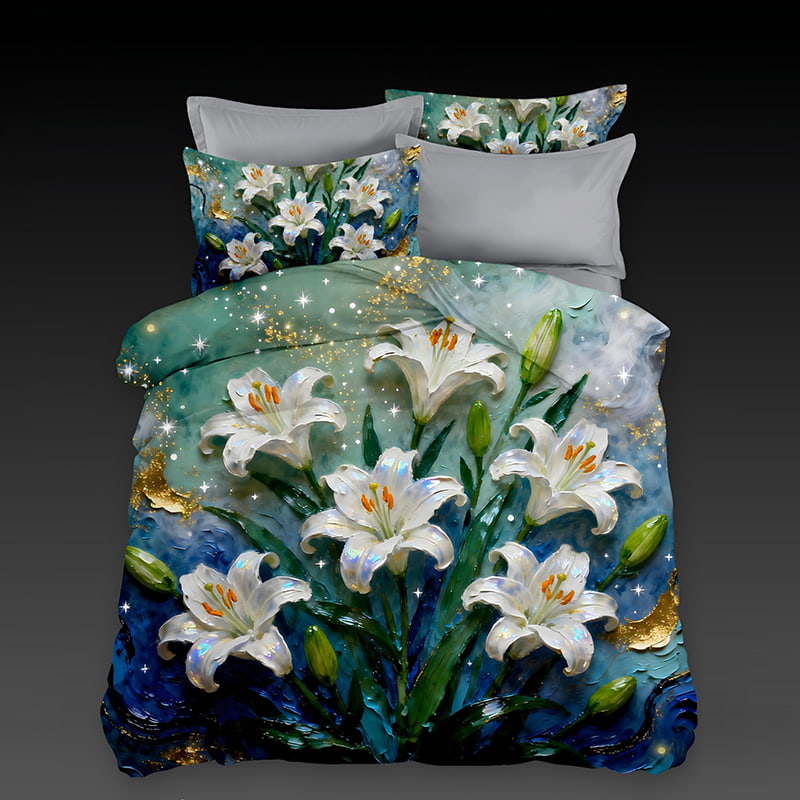 5D Oil-Painting Effect Digital Print Bedding Set -Elegant White Lily & Sparkling Starry Sky