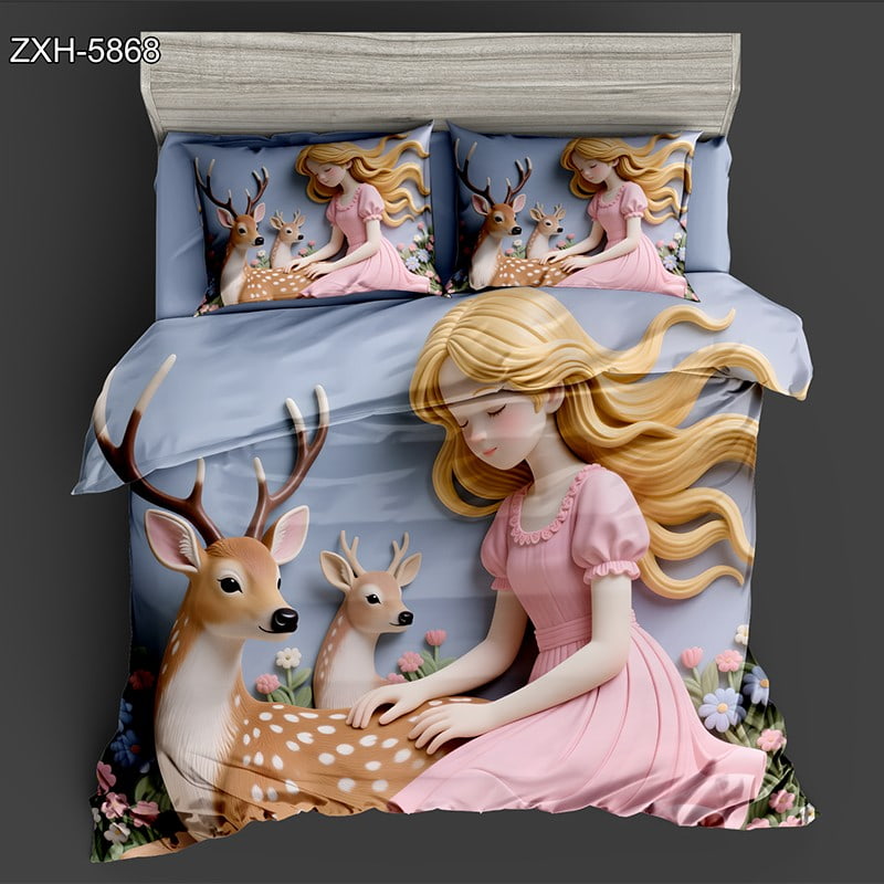 5D Digital Printed Bed Sheet Set with a Girl and Deer in a Floral Meadow
