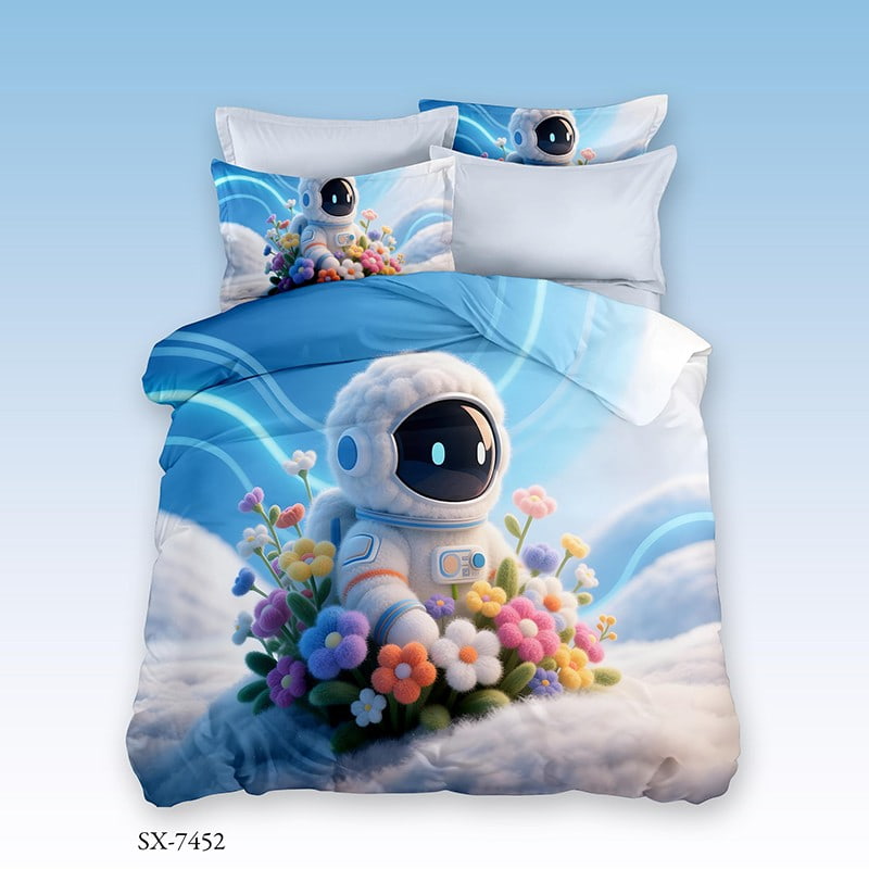 3D Digital Printed Bed Sheet Set with a Cute Astronaut and Colorful Flowers