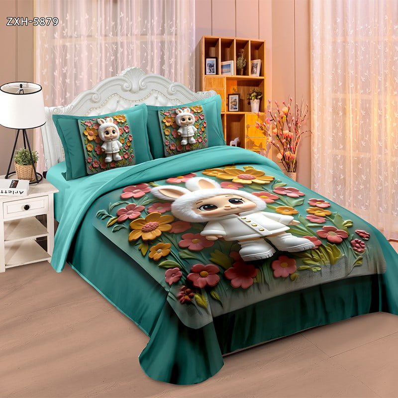 5D Digital Printed Bed Sheet Set with Cute Bunny and Floral Garden