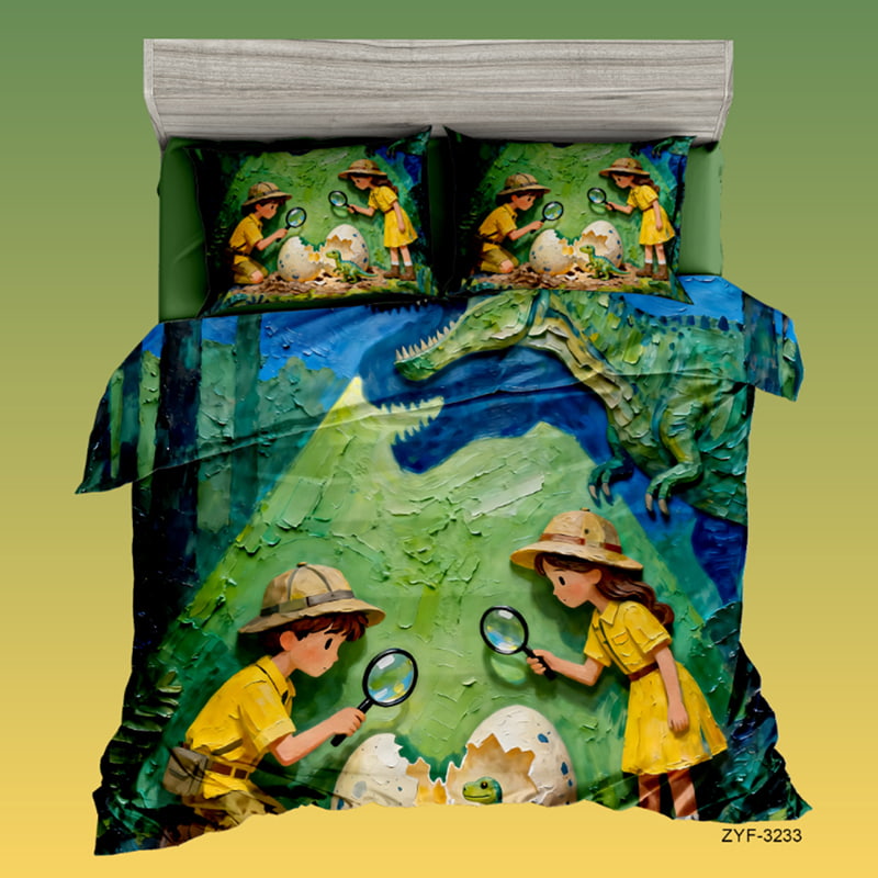 3D Digital Printed Bed Sheet Set with Dinosaur Exploration Adventure Theme