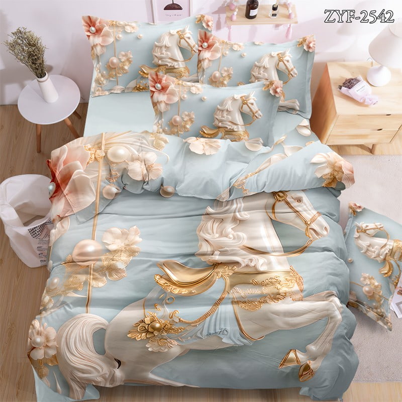 7D Digital Printed Bed Sheet Set with Elegant White Horse and Floral Pearl Theme
