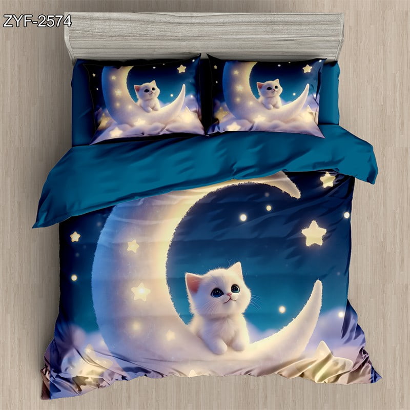 3D Digital Printed Bed Sheet Set With Cute Kitten And Moonlight Fantasy Theme