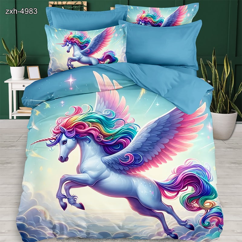 7D Digital Printed Bed Sheet Set With Rainbow Pegasus Fantasy Theme