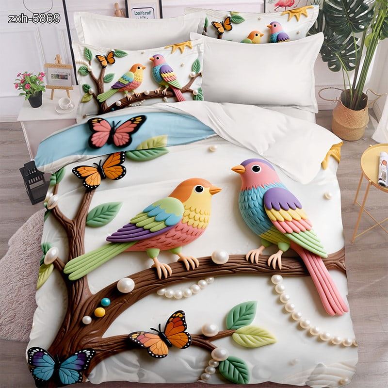5D Digital Printed Bed Sheet Set with Colorful Birds and Butterflies on Branches