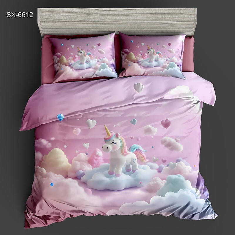 5D Digital Printed Bed Sheet Set with a Cute Unicorn on Clouds and Hearts