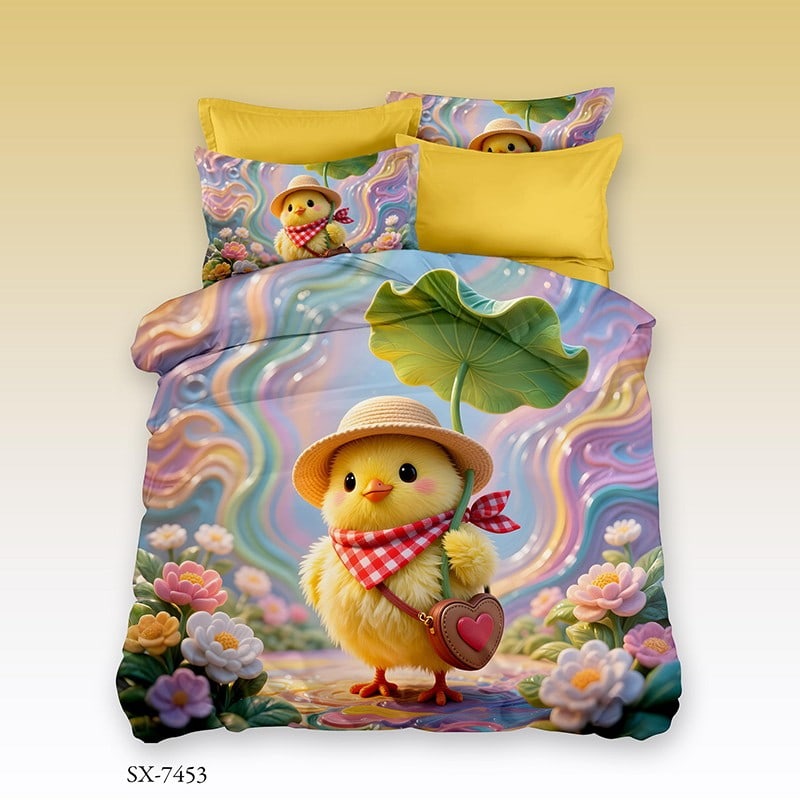 3D Digital Printed Bed Sheet Set with a Cute Chick Holding a Leaf Umbrella in a Colorful Floral Garden