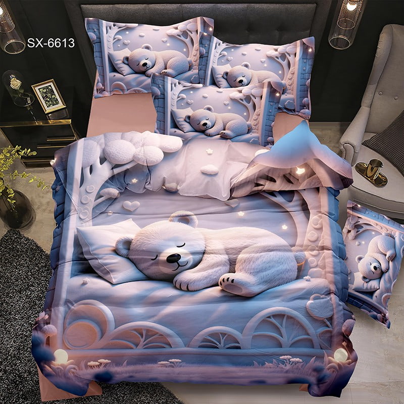 5D Digital Printed Bed Sheet Set with a Sleeping Teddy Bear in a Dreamy Night Garden