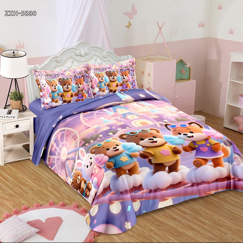 5D Digital Printed Bed Sheet Set with Cute Cartoon Bears and Foxes at a Fairground
