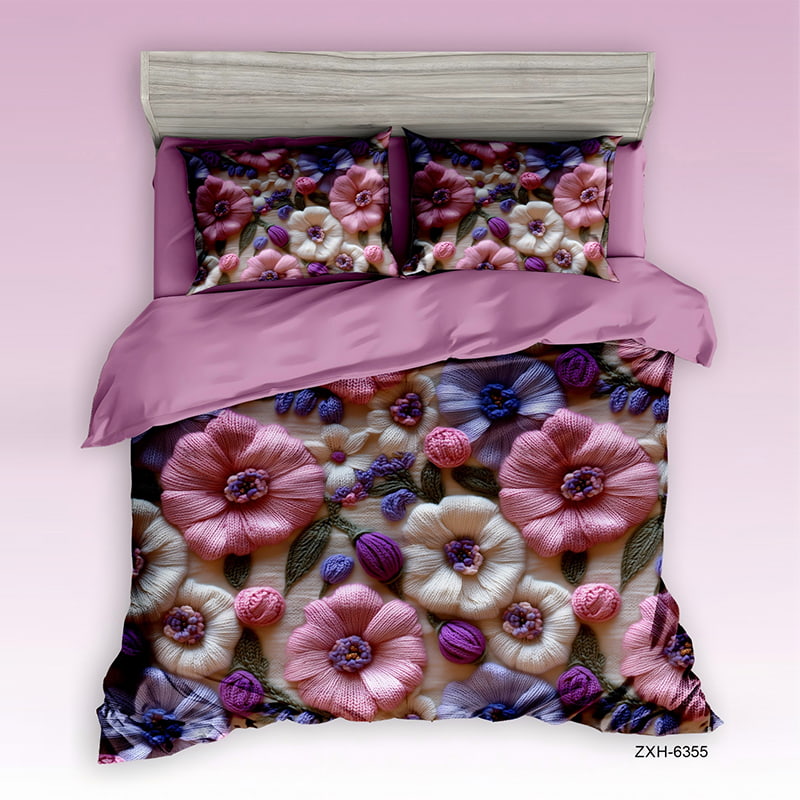5D Floral Digital Print Bedding Set - ‌Pink & Lavender Blossom Garden
