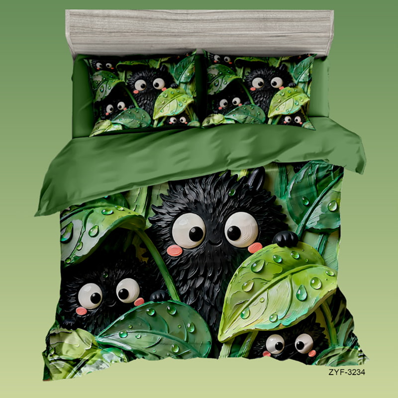 7D Digital Printed Bed Sheet Set with Cute Black Furry Creatures And Water-Drop Leaves Theme