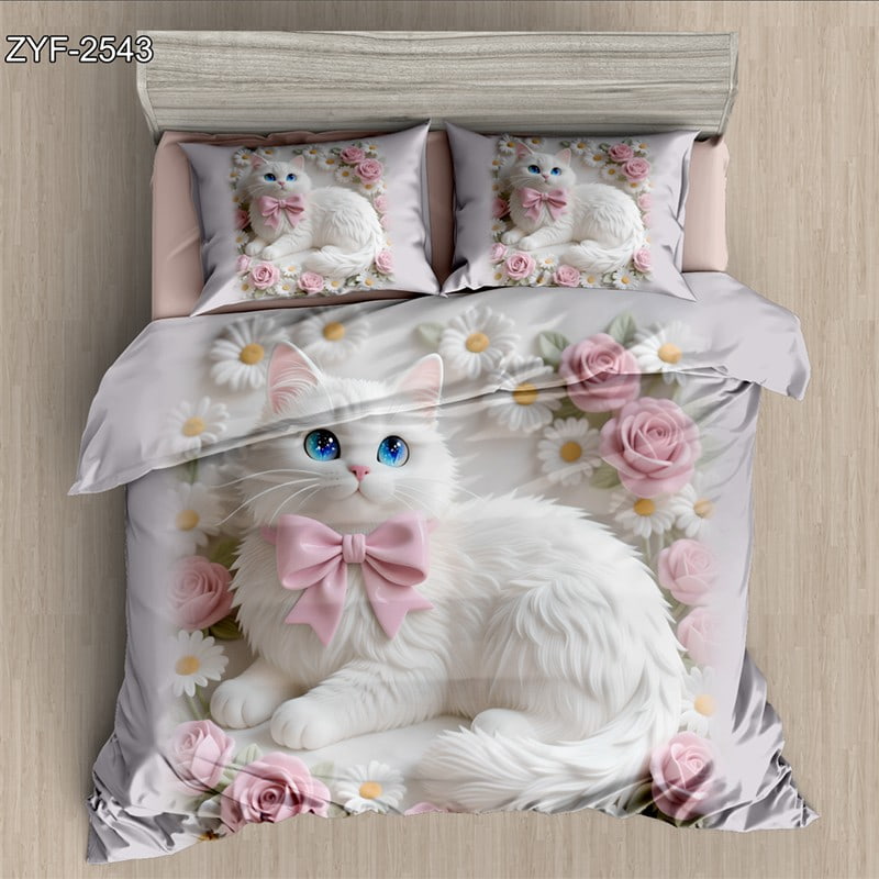 7D Digital Printed Bed Sheet Set with White Cat and Floral Theme