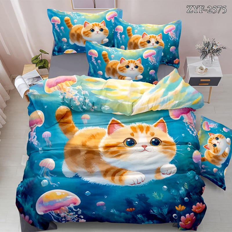7D Digital Printed Bed Sheet Set With Playful Underwater Cat And Jellyfish Theme