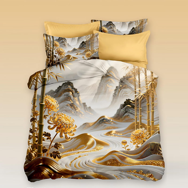 5D Floral Digital Print Bedding Set - ‌Golden Bamboo Valley