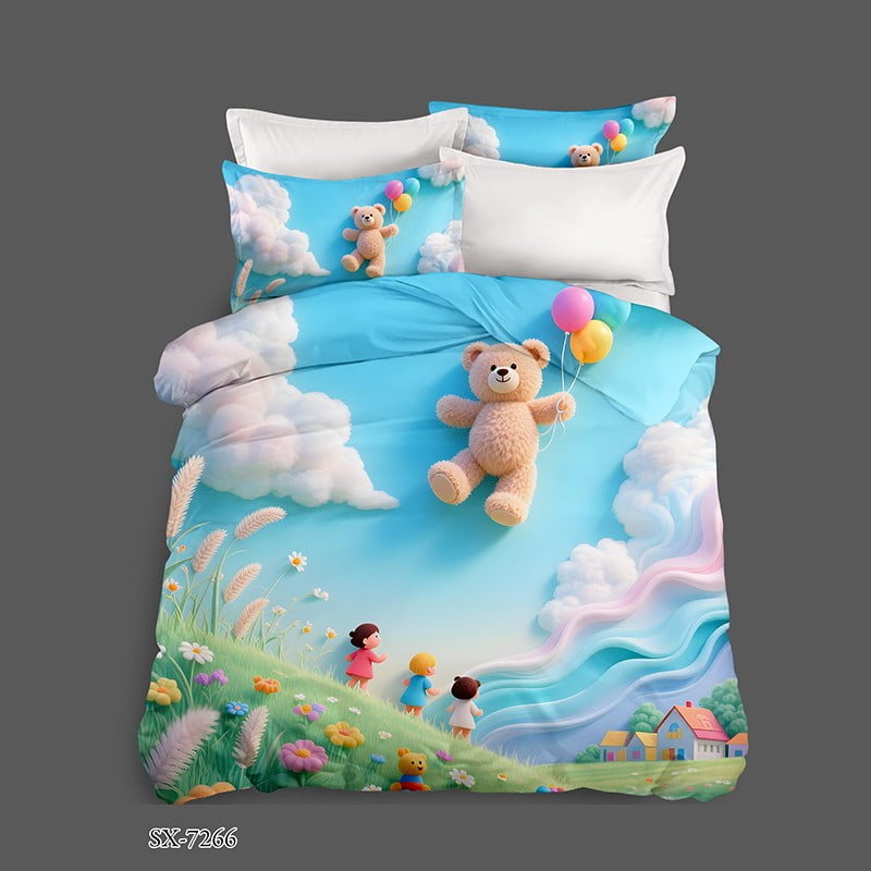 7D Digital Printed Bed Sheet Set with a Floating Teddy Bear and Playful Children in a Dreamy Sky Landscape