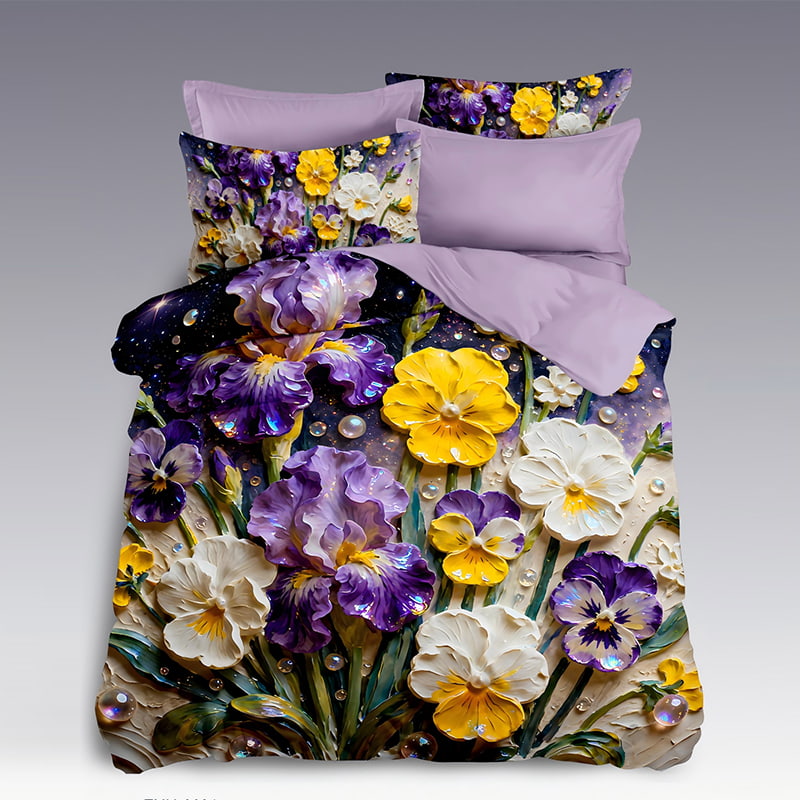 5D Oil-Painting Effect Digital Print Bedding Set -Vibrant Floral & Sparkling Starry Sky