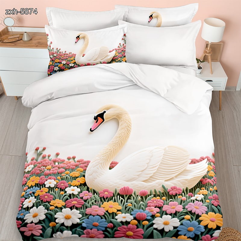 5D Digital Printed Bed Sheet Set with a Majestic Swan in a Colorful Flower Field