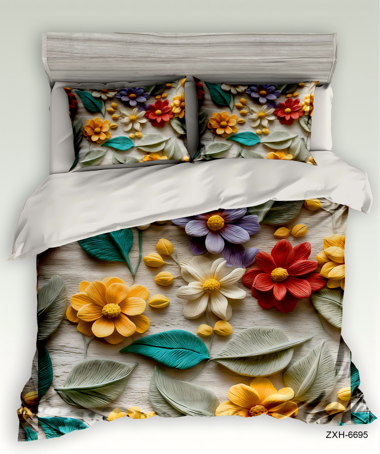 5D Digital Print Bedding Set-Vibrant Floral & Textured Leaves‌