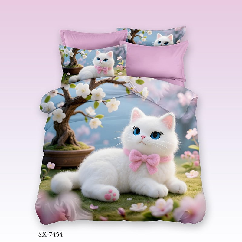 3D Digital Printed Bed Sheet Set with a Cute White Kitten under Cherry Blossoms
