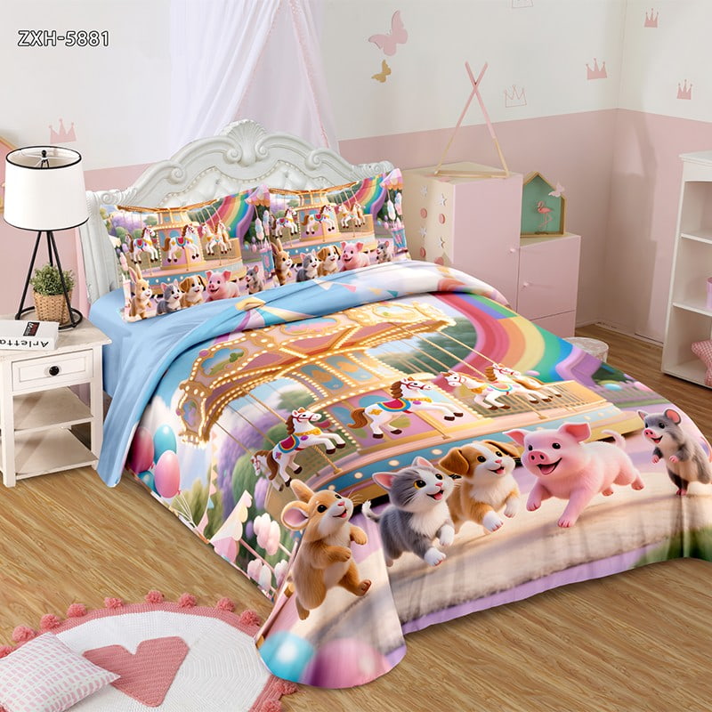 5D Digital Printed Bed Sheet Set with a Colorful Carousel and Playful Baby Animals