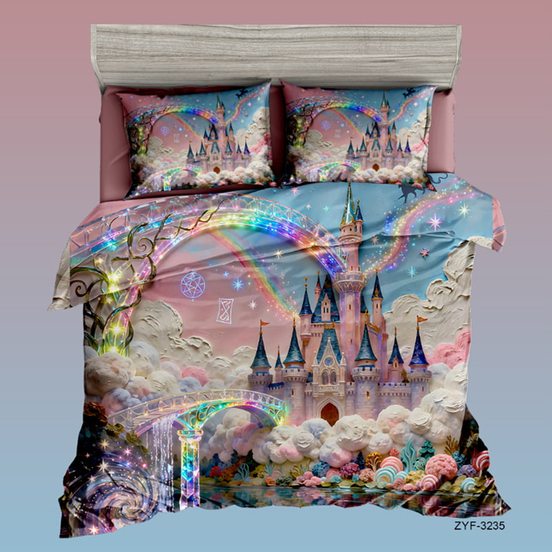 7D Digital Printed Bed Sheet Set with Fantasy Castle and Rainbow Dreamscape Theme
