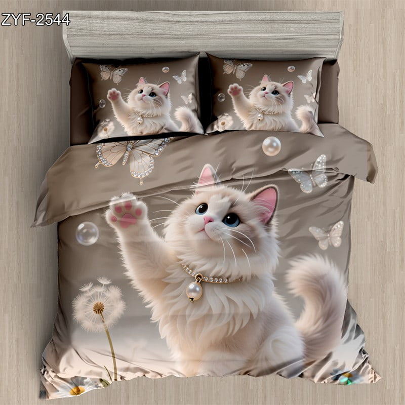 7D Digital Printed Bed Sheet Set with Playful White Kitten and Butterfly Theme