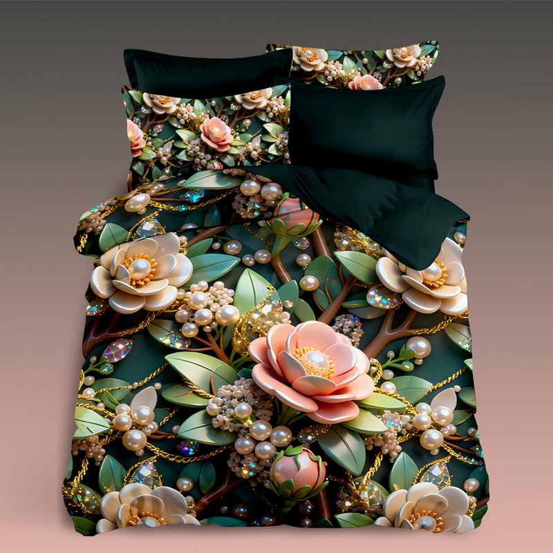5D Floral Digital Print Bedding Set - ‌Golden Pearl Blossom