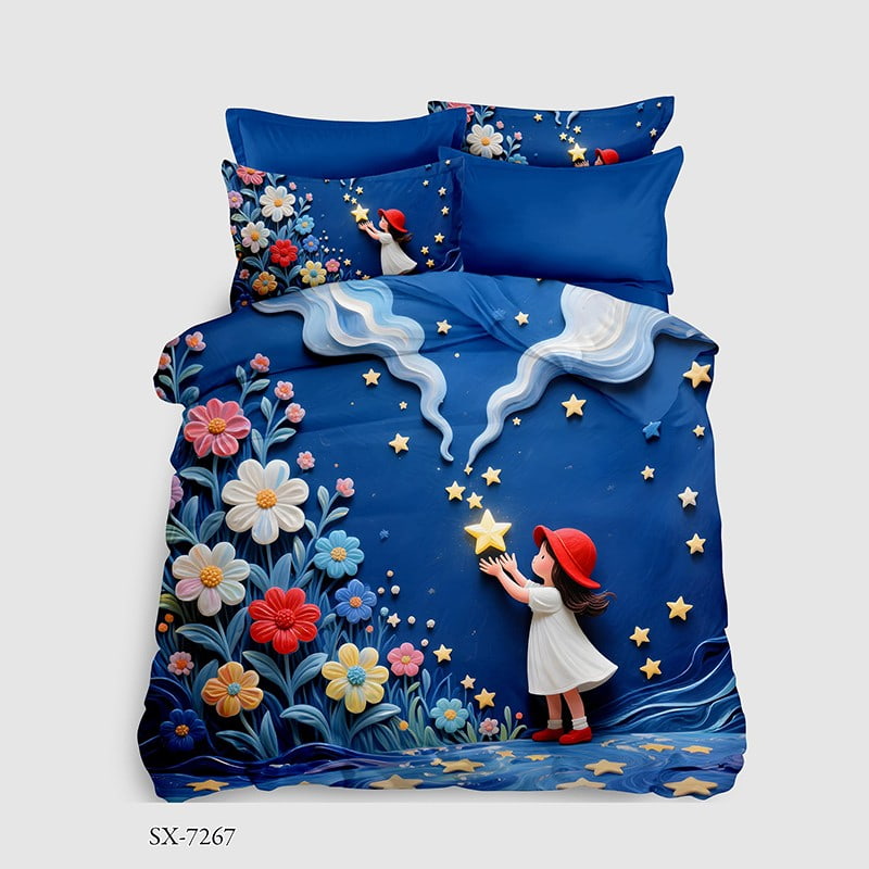 7D Digital Printed Bed Sheet Set with a Girl Reaching for Stars Amid Colorful Flowers