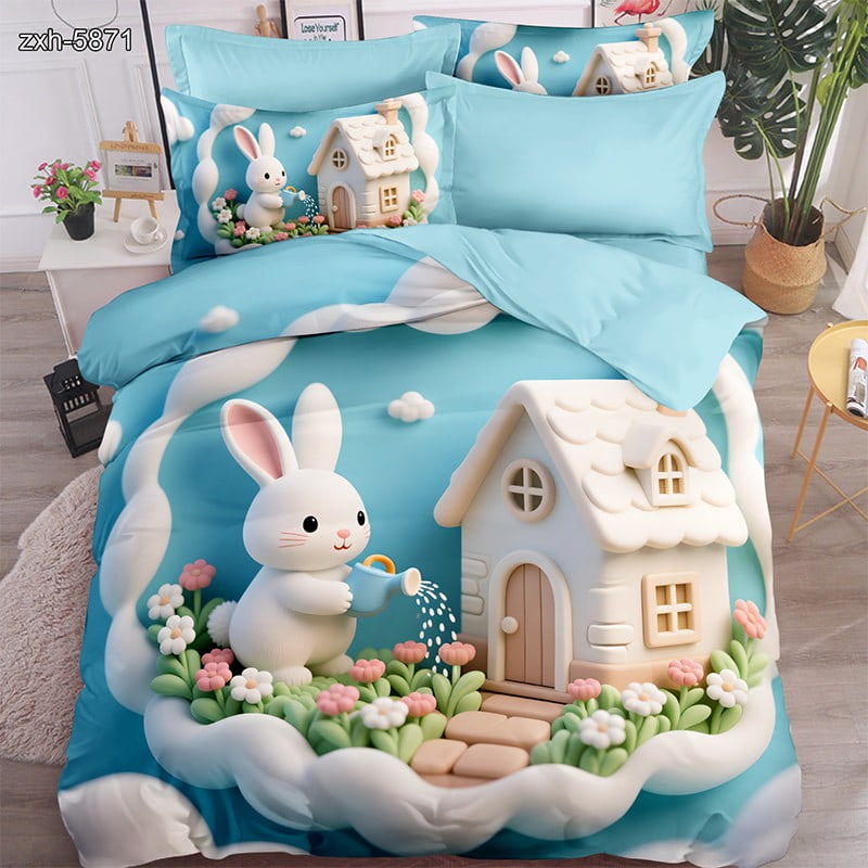 5D Digital Printed Bed Sheet Set with a Cute Rabbit Watering Flowers by a Cozy Cottage