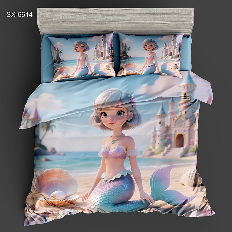 5D Digital Printed Bed Sheet Set with a Cute Mermaid and Seaside Castle
