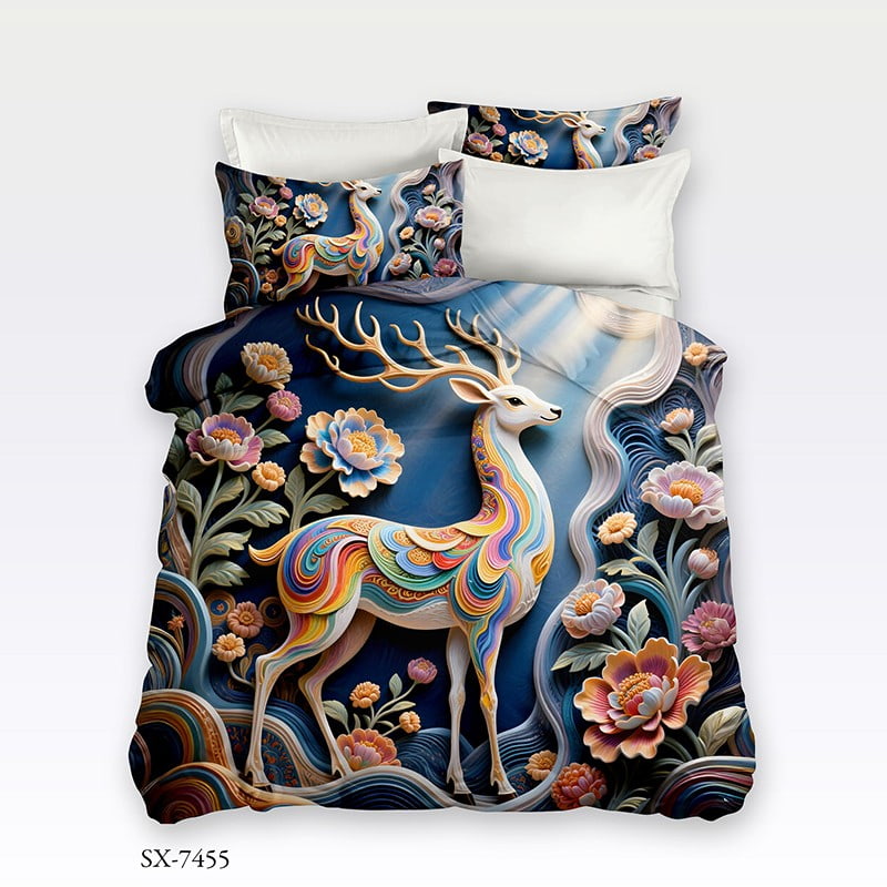 3D Digital Printed Bed Sheet Set with a Colorful Majestic Deer in a Floral Fantasy
