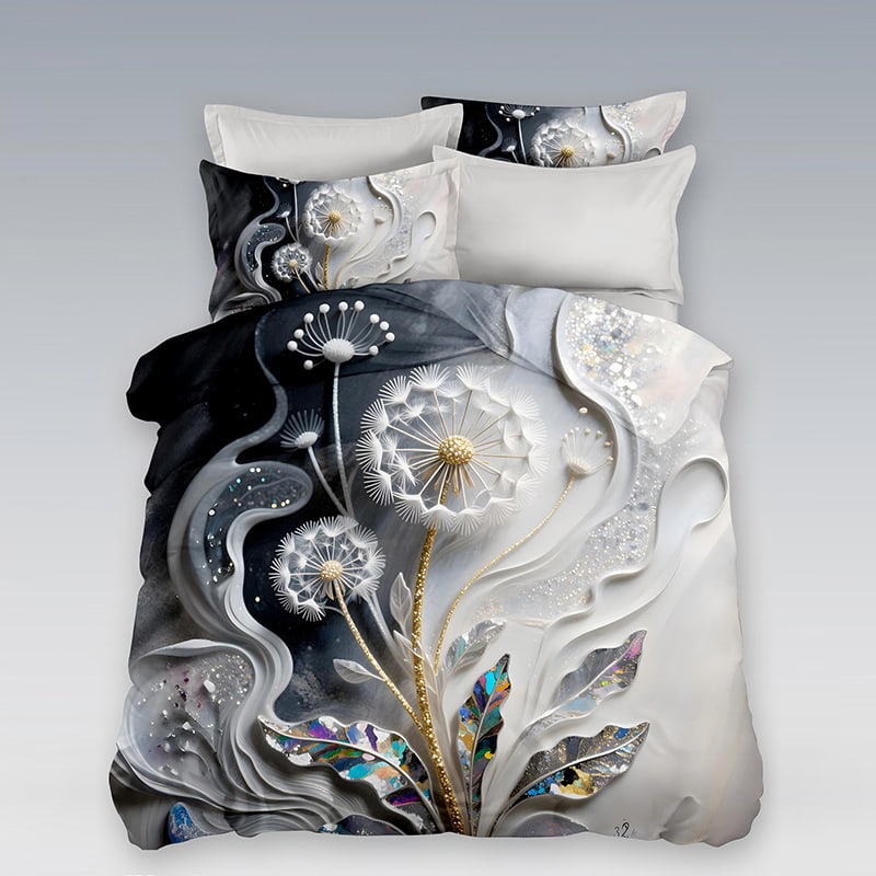 5D Floral Digital Print Bedding Set - ‌Dandelion & Metallic Leaves