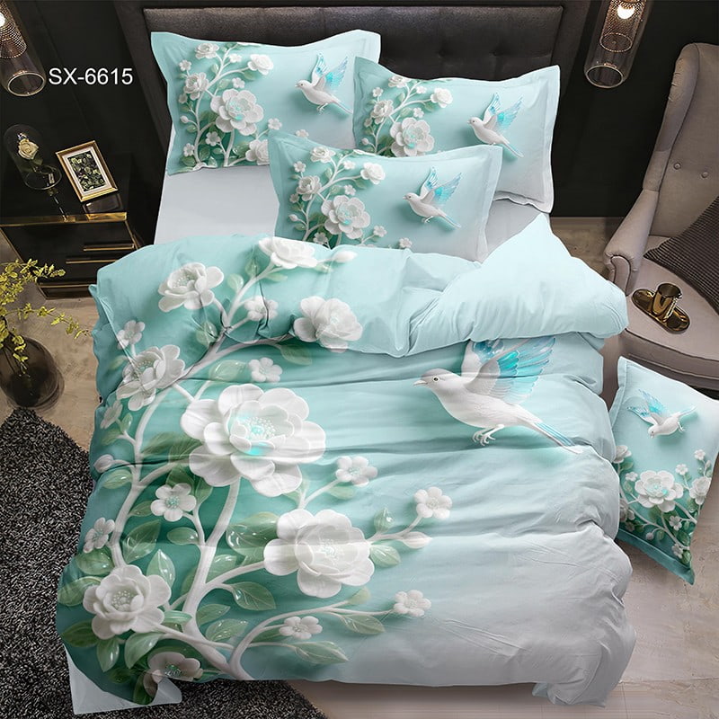 5D Digital Printed Bed Sheet Set with White Flowers and Blue Birds