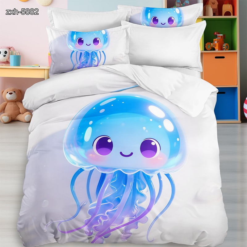 5D Digital Printed Bed Sheet Set with a Cute Blue Jellyfish