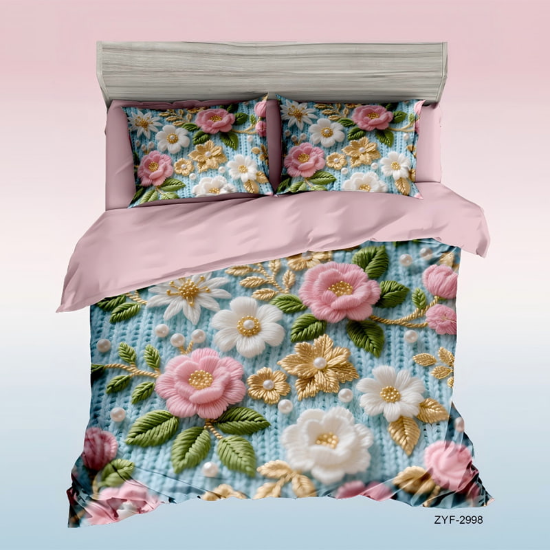 5D Floral Digital Print Bedding Set - ‌Pastel Petal Symphony on Sky Blue