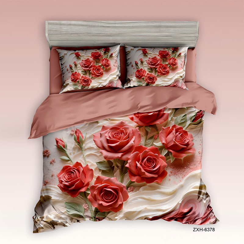 5D Floral Digital Print Bedding Set - ‌Rose & Cream Wave