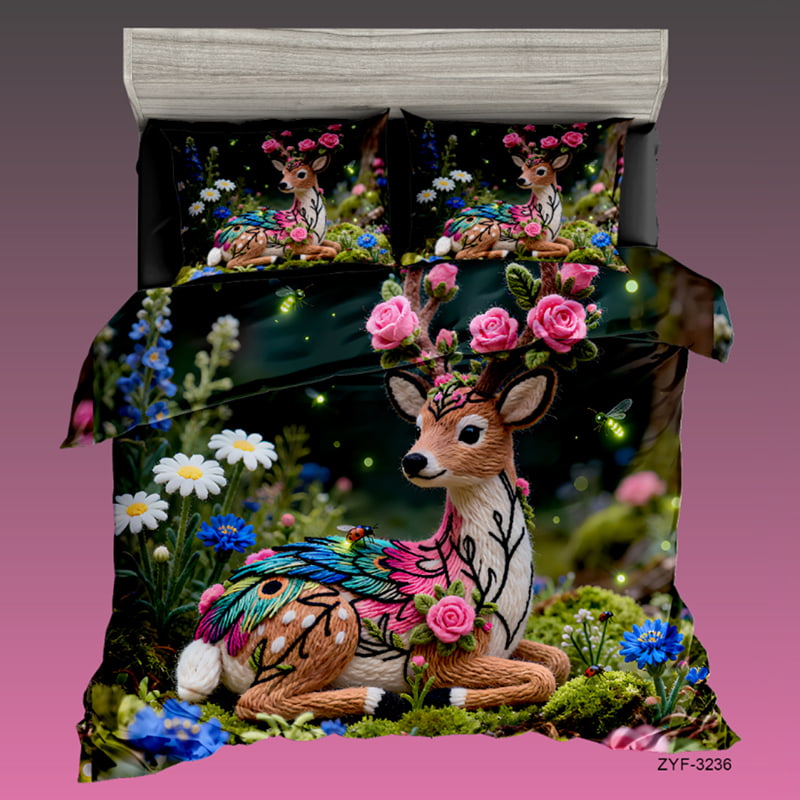7D Digital Printed Bed Sheet Set with Enchanted Floral Deer Theme