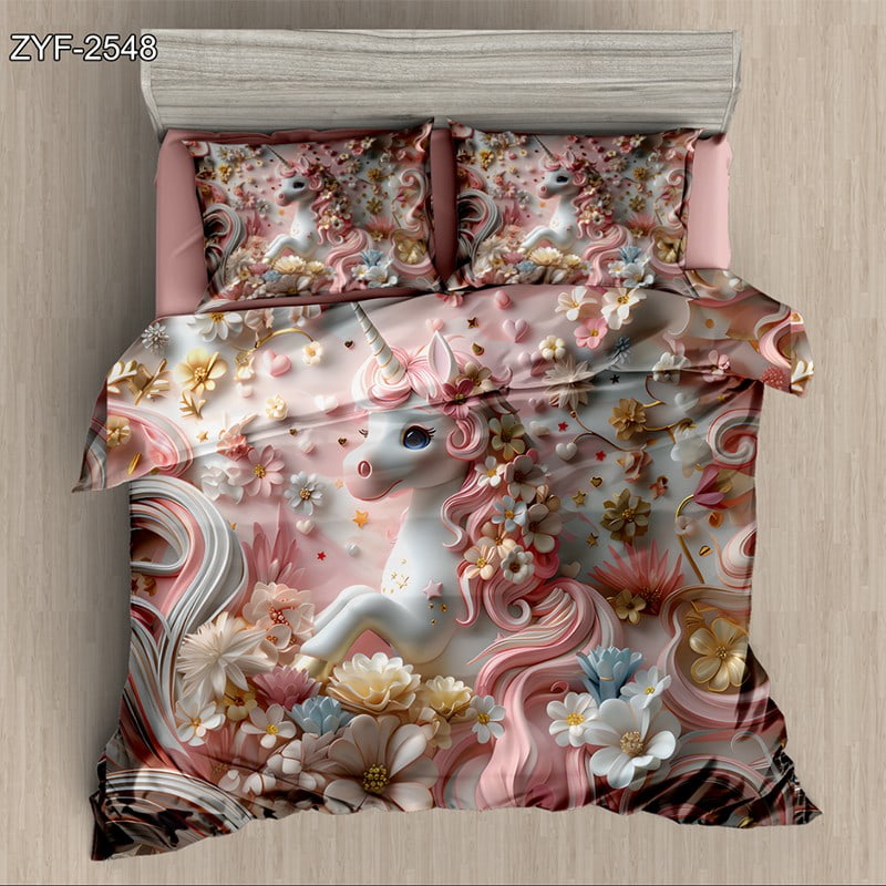 7D Digital Printed Bed Sheet Set with Whimsical Unicorn and Floral Fantasy Theme