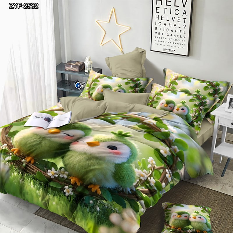 7D Digital Printed Bed Sheet Set With Cute Green Birds And Floral Nature Theme