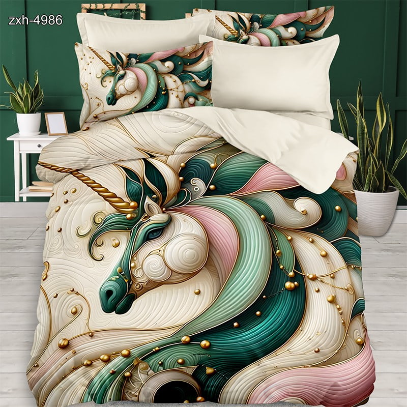 7D Digital Printed Bed Sheet Set With Elegant 3D Unicorn Fantasy Theme