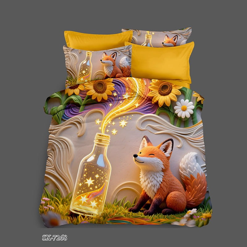 7D Digital Printed Bed Sheet Set with a Whimsical Fox and Magical Light Bottle