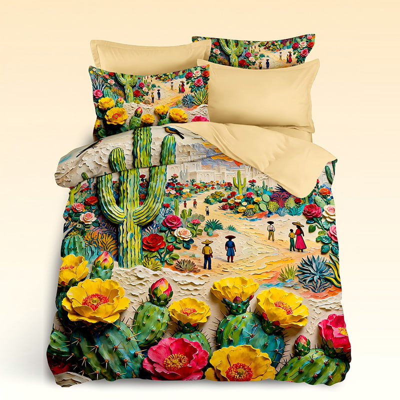 5D Oil-Painting Effect Digital Print Bedding Set -Vibrant Cactus & Blooming Flowers Desert Landscape