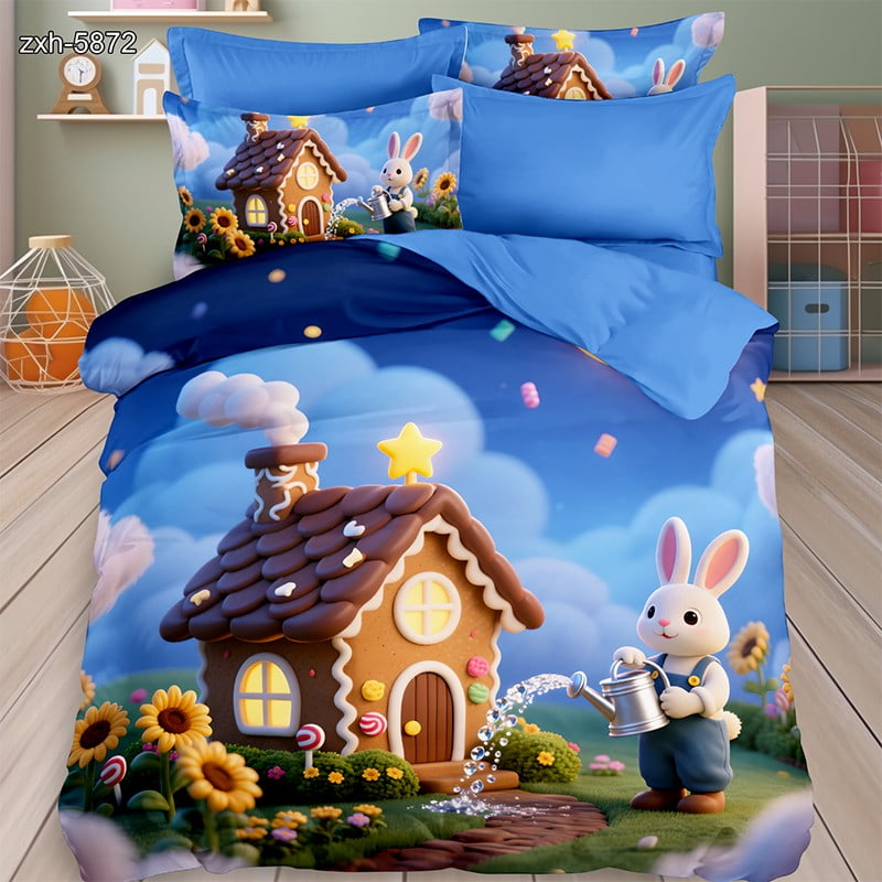 5D Digital Printed Bed Sheet Set with a Cute Bunny Watering a Gingerbread House