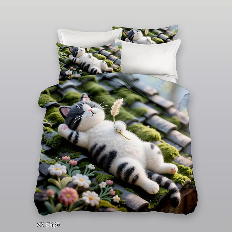 3D Digital Printed Bed Sheet Set with a Relaxing Cat on Mossy Roof and Flowers