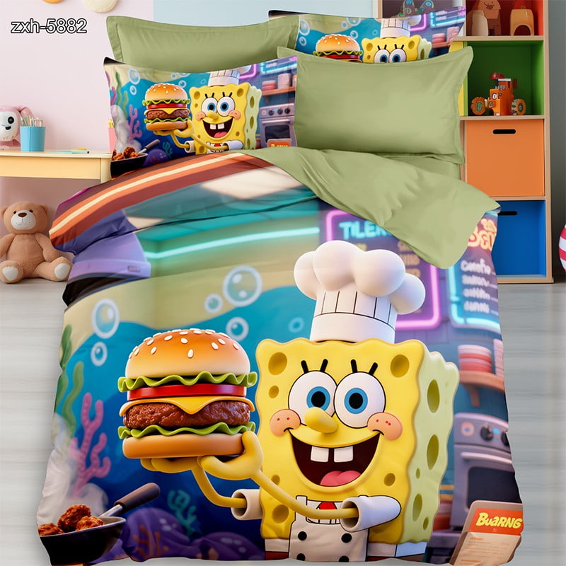 5D Digital Printed Bed Sheet Set with a Cheerful Chef Sponge Character Holding a Burger