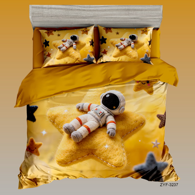 7D Digital Printed Bed Sheet Set with Cute Astronaut And Star Plush Theme