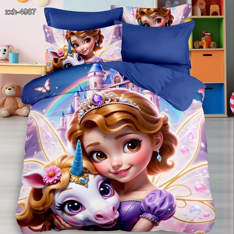 7D Digital Printed Bed Sheet Set With Fairy Tale Princess And Unicorn Theme